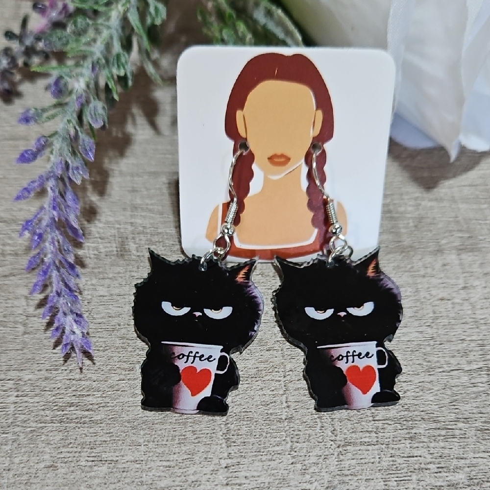 Angry 🎁 Black Cat Coffee Earrings